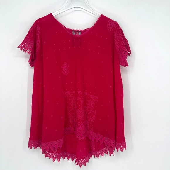 Johnny Was Tops - Johnny Was Top Womens S Hot Pink Embroidered Boho Floral Blouse Lace Relaxed